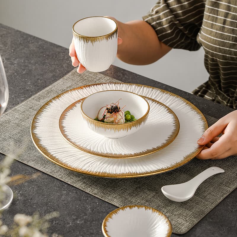 Restaurant Table Setting for One Person, Gold-Rimmed Ceramic Tableware, Bowls, Plates, Spoons, Household Three-Piece Set, Tea Cups, Bone Plates, Luxurious Gold Design
