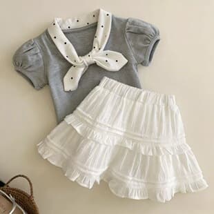 2026 Summer Pleated Skirt Set with Polka Dot Bow Tie T-Shirt Top + Skirt, Children's Fashionable Versatile Dress