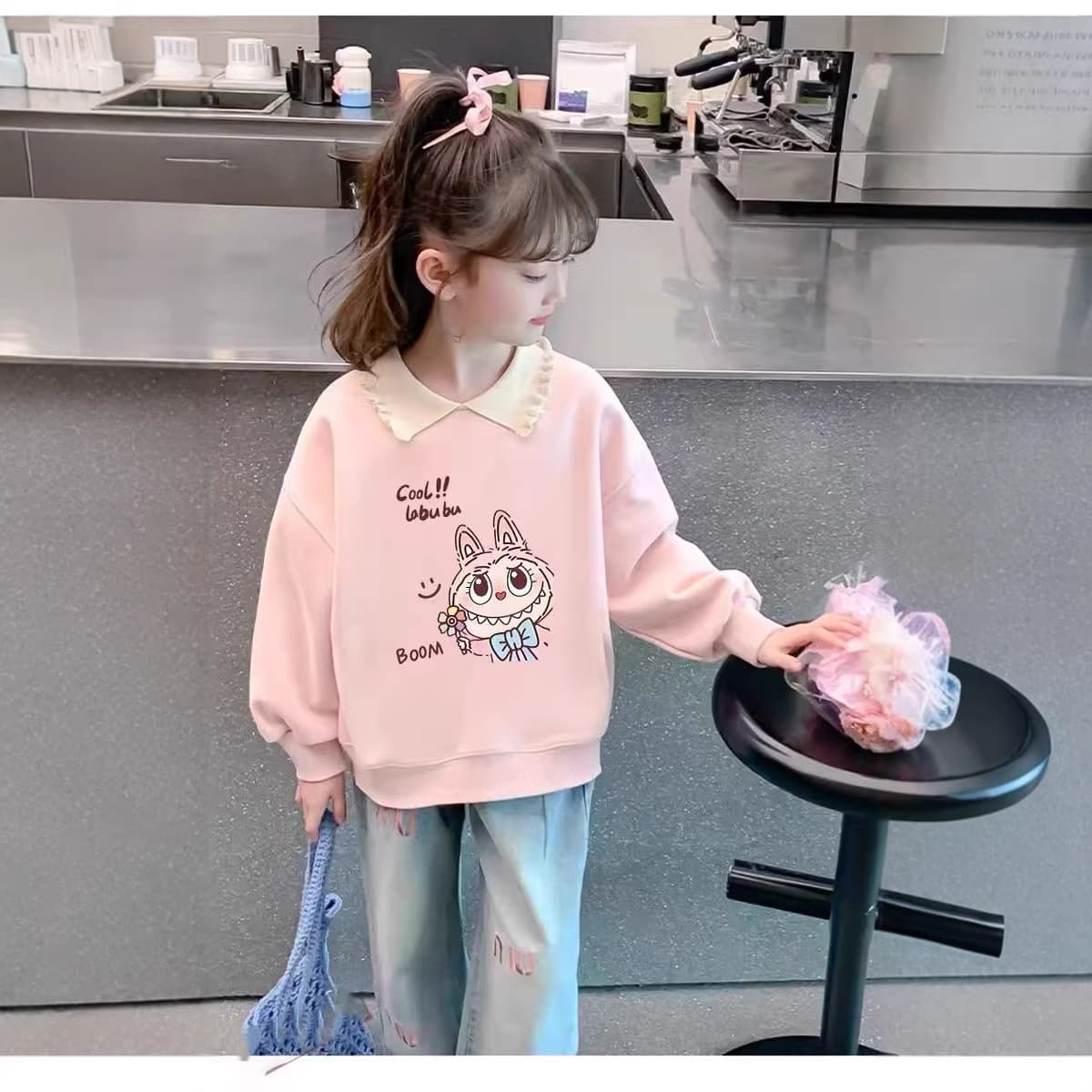 Girls Spring Autumn Lapel Sweatshirt 2026 New Lace Trim Children's Clothing Girls Middle and Big Kids Polo Collar Top Wholesale New
