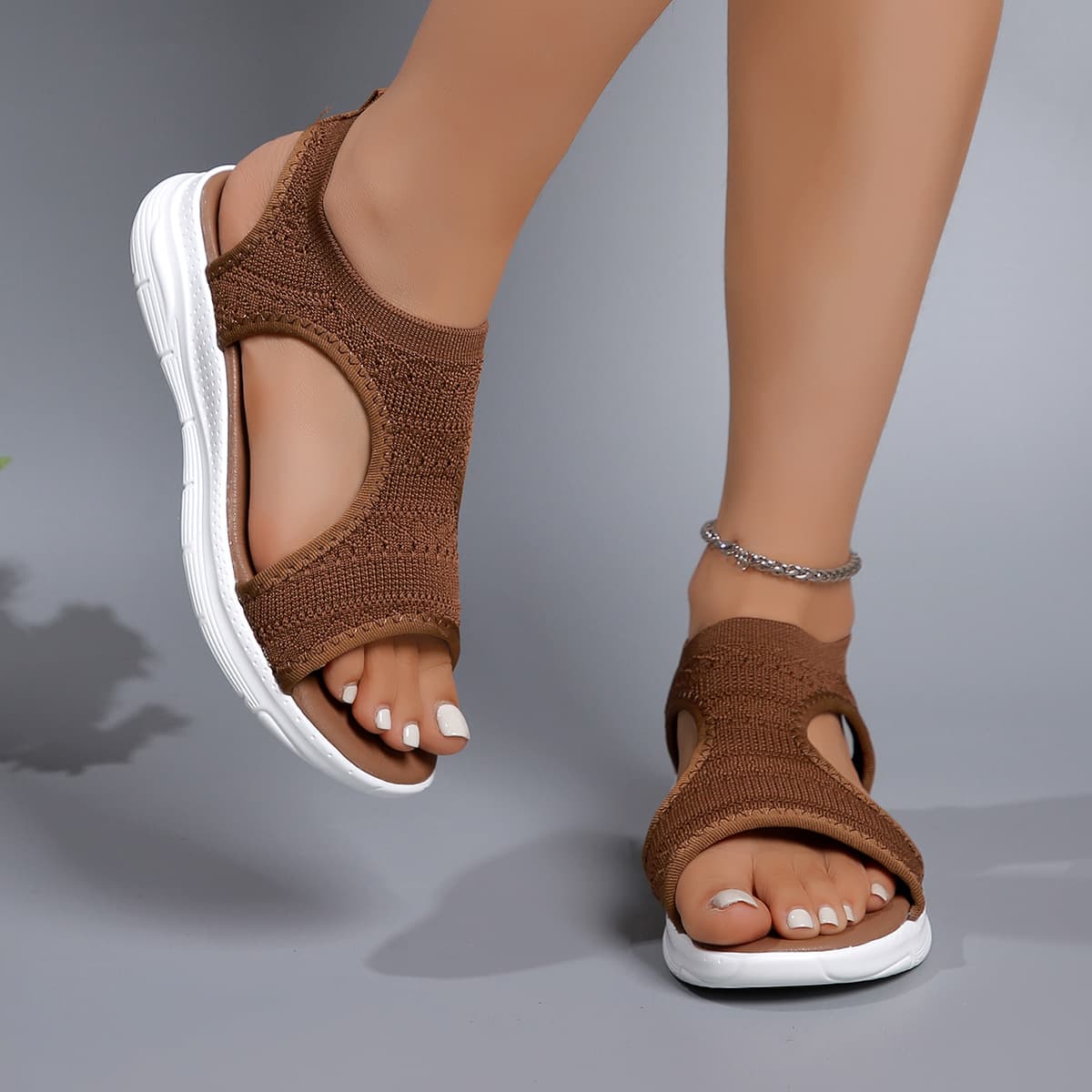 Cross-border European and American summer new style fly woven mesh breathable fish mouth open toe side hollow flat bottom casual fashion sports sandals
