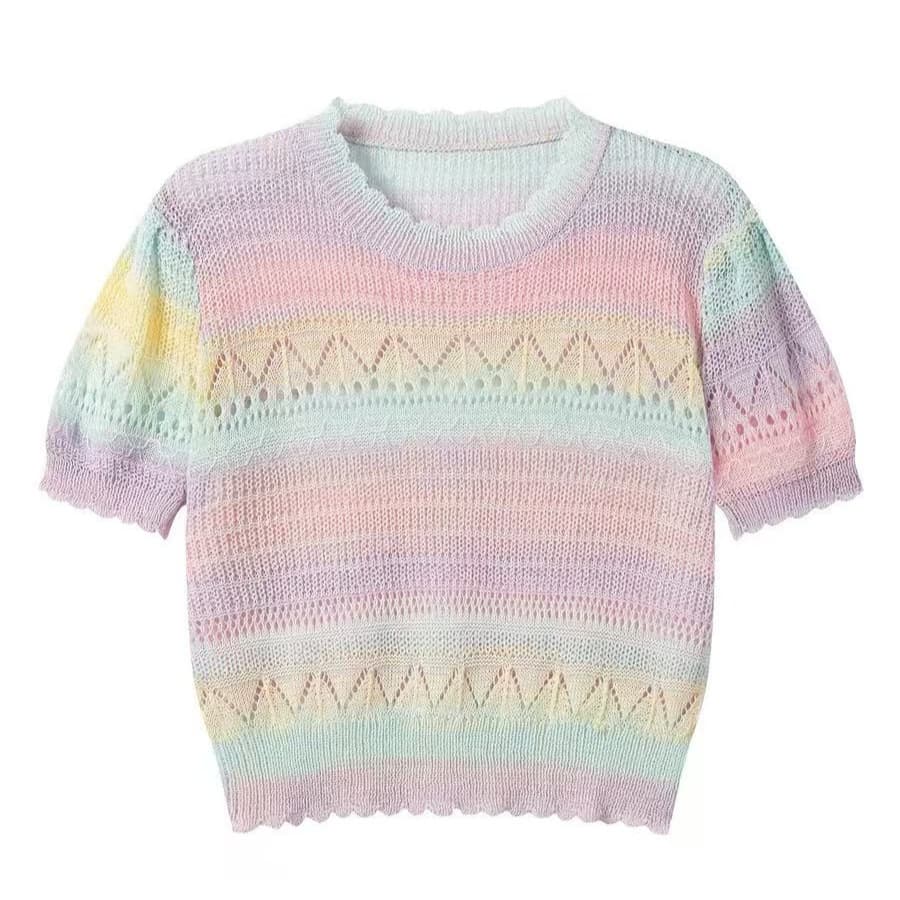 Dalang Sweater Factory Blue Gradient Fresh Age-Reducing Round Neck Short-Sleeve Knit Top Women's Summer New Loose Blouse