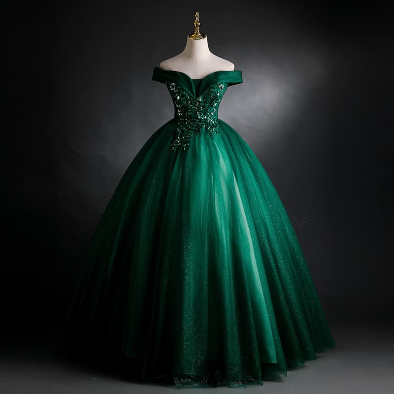 Green Off-Shoulder Puffy Dress 2026 New Party Gown Lace Sequin One-Shoulder Formal Ball Evening Dress