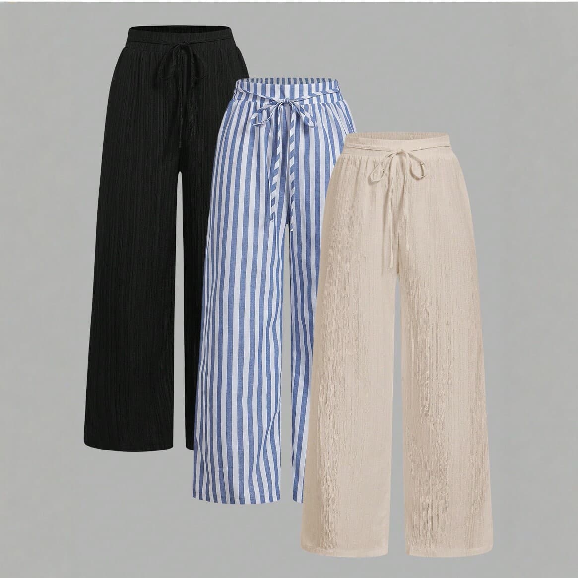 High-Waist Flowing Wide-Leg Pants Women Summer New Cotton Linen Loose Striped Casual Pants Drawstring Straight Long Pants