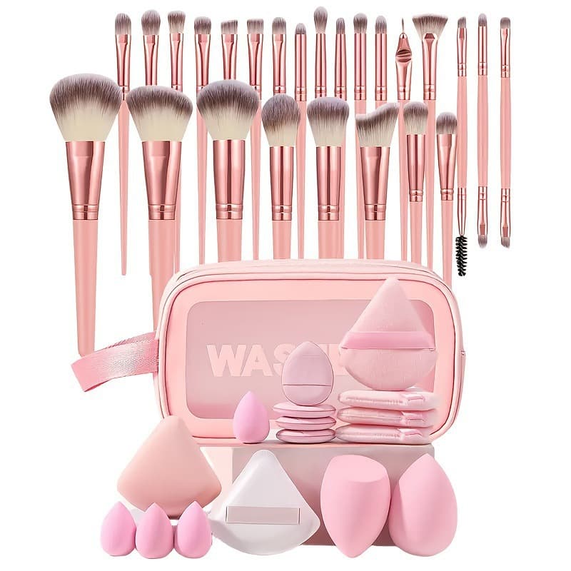 40-Piece Makeup Brush and Sponge Set, Girl Pink Milk Coffee Color, Skin-Friendly Soft, Expands with Water