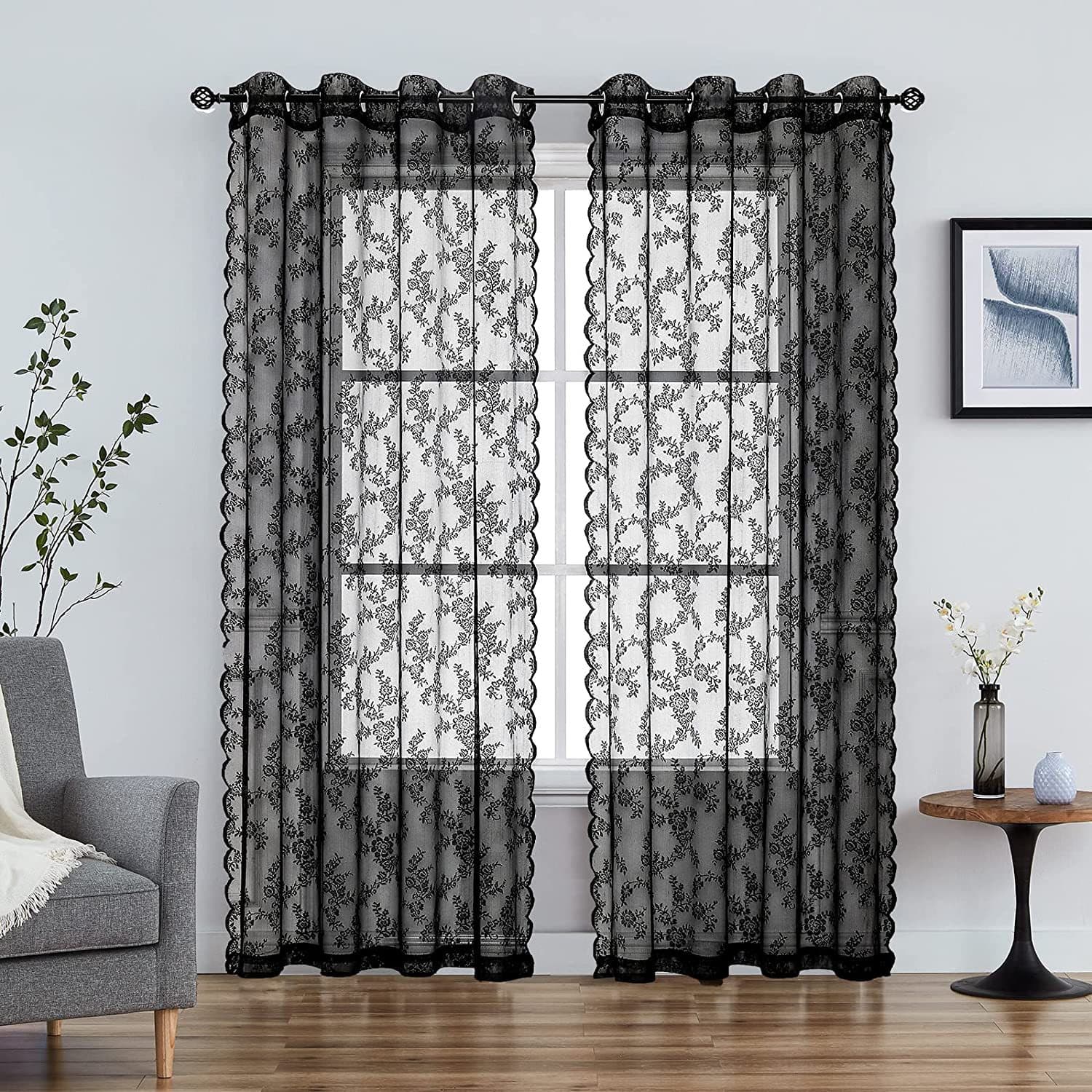 Foreign Trade Explosion Curtain Embroidered Yarn Lace Amazon Gauze Curtain Black Gray Wear Rod Perforated Wholesale Generation Hair