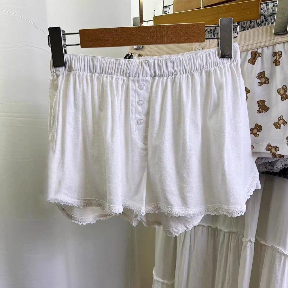 American Casual Three-Button Sleep Shorts Home Shorts BM Lace Trim Hot Pants Casual Loungewear Shorts for Women, Wear-Out Summer