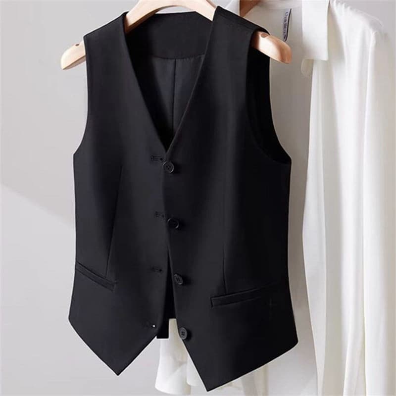 2025 spring temperament commuter style polyester short collarless cardigan women's vest pockets single-breasted and multiple buttons