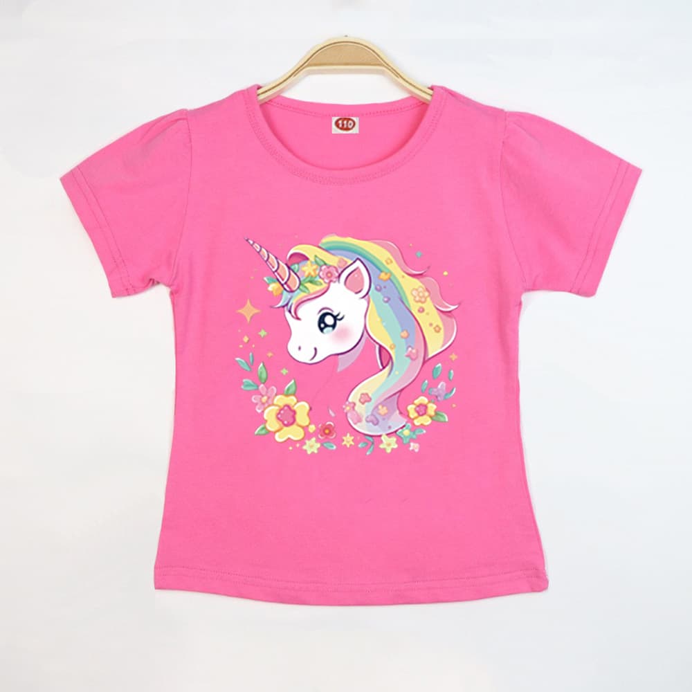 Cotton Girls T-Shirt Summer Short Sleeve New Children's Top Cartoon Print Unicorn