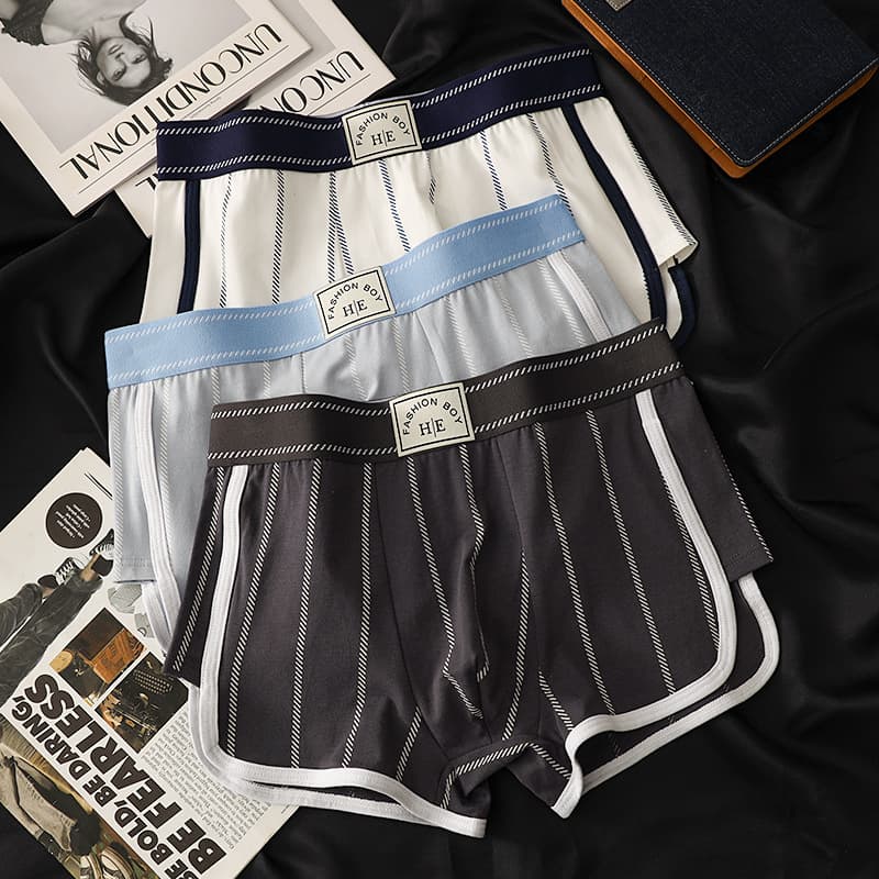 Men's Cotton Striped Underwear Breathable Comfortable Mid-Waist Boxer Briefs Youth Students Sports Quick Dry Antibacterial