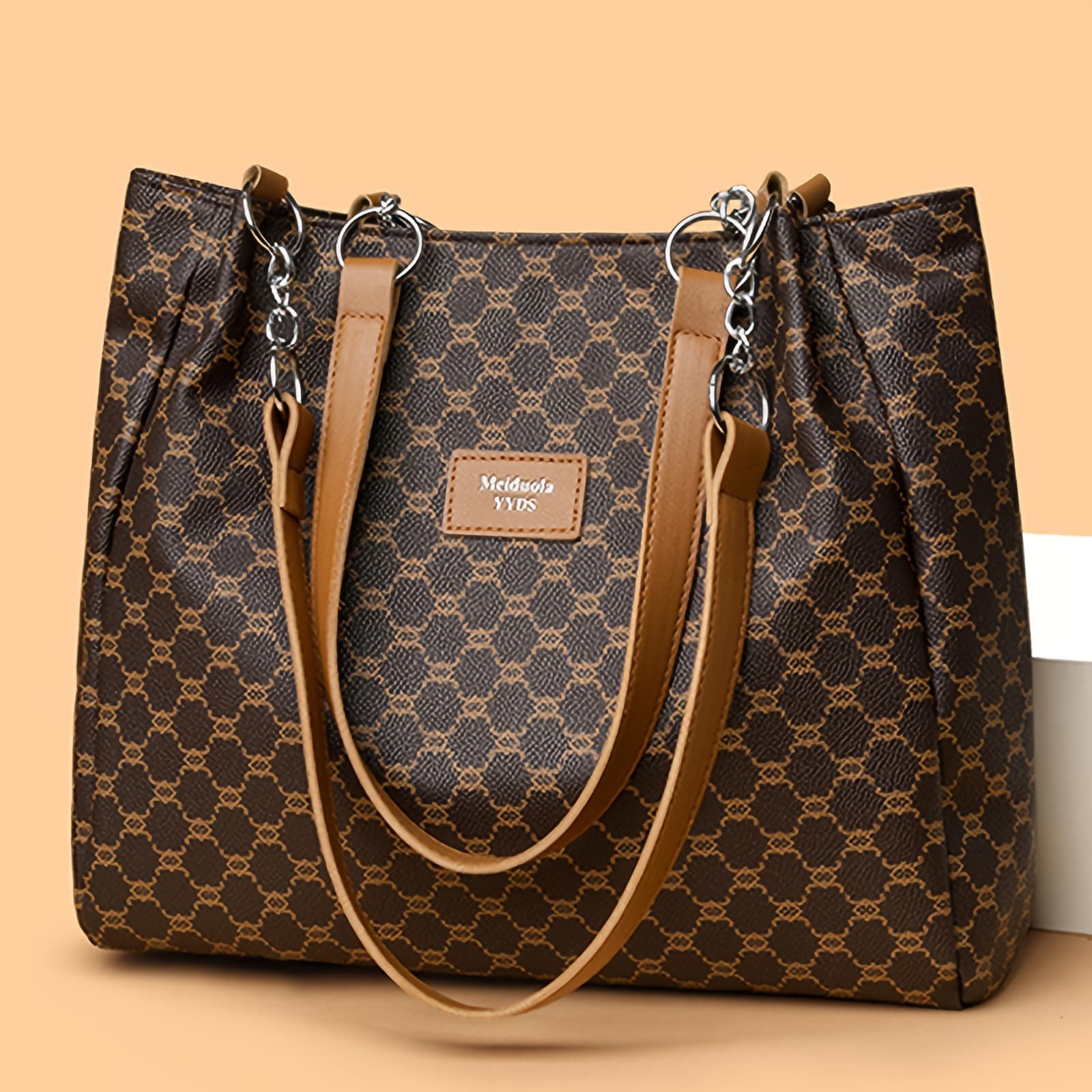 Cross-border Women's Vintage Fashion PU Soft Leather Commuter Large Capacity Tote Bag with Classic Monogram Pattern Shoulder Bag