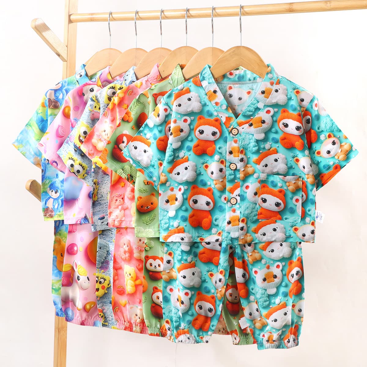 New Children's Cotton Loungewear Set Summer Boys Girls Thin 3D Feel Air Conditioning Top and Pants Two-Piece Set