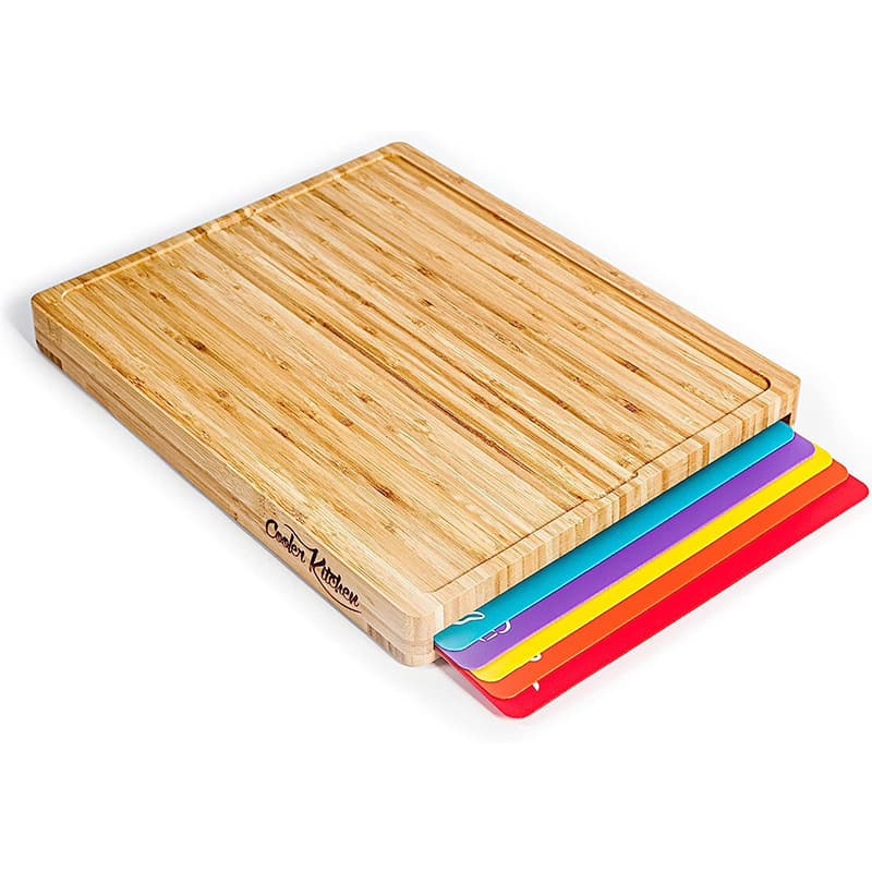 Bamboo cutting board set with colored cutting mat, kitchen household solid wood cutting board for fruits, bread, and vegetables.