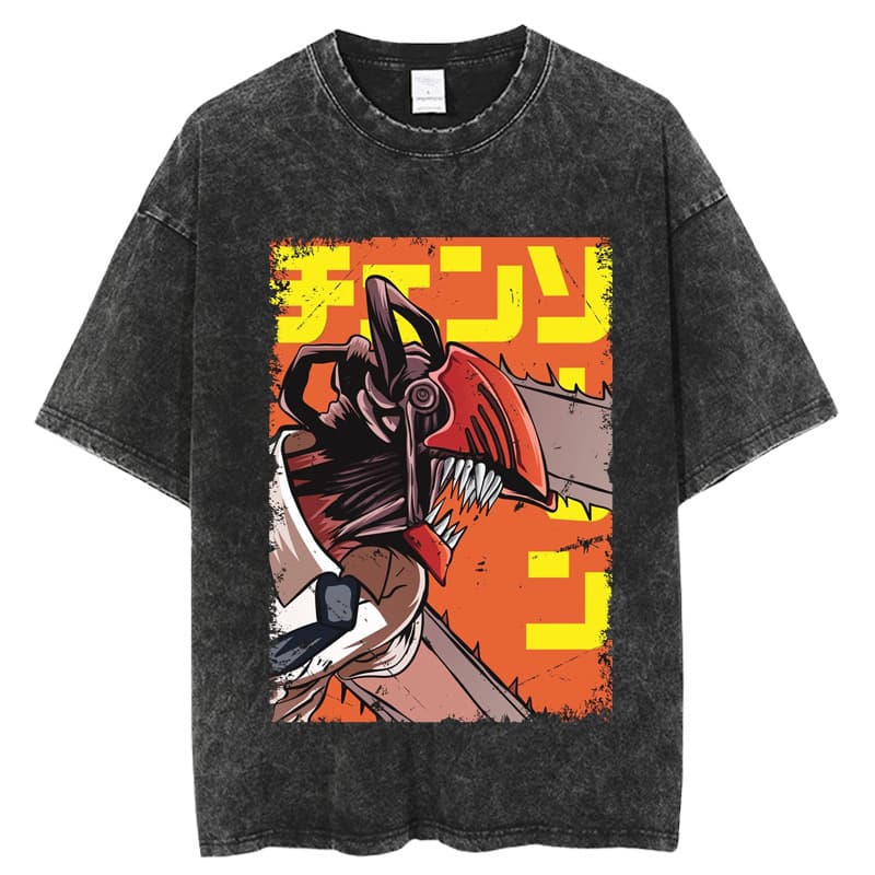 2026 Chainsaw Man Shirt Cotton Vintage Washed Anime Cotton T-Shirt American Street Style Oversized Men's Top