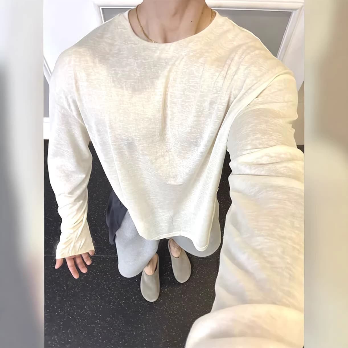 Tencel linen sweater men's relaxed pull-neck loose long-sleeved t-shirt light and slightly see-through hollow mesh blouse trendy