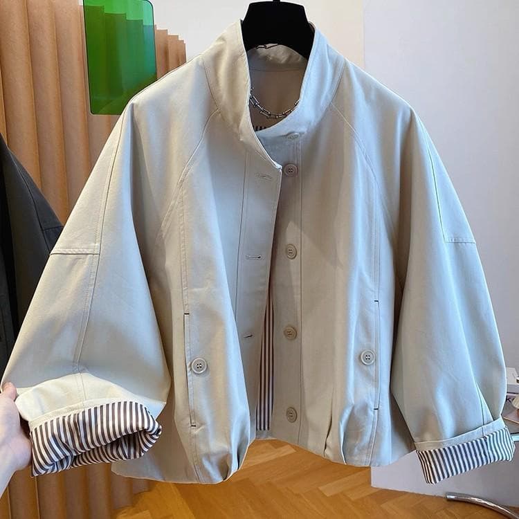 British Style Stand Collar Jacket for Women 2025 New Loose Casual Striped Lined Short Trench Coat Top
