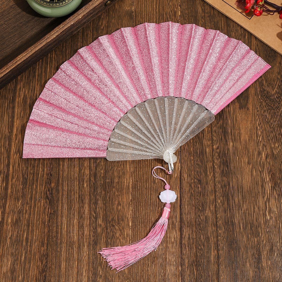Transparent Gold Glitter Fan Ribbon with Tassel, Silver Hot Stamping Floral Pattern, Random Position