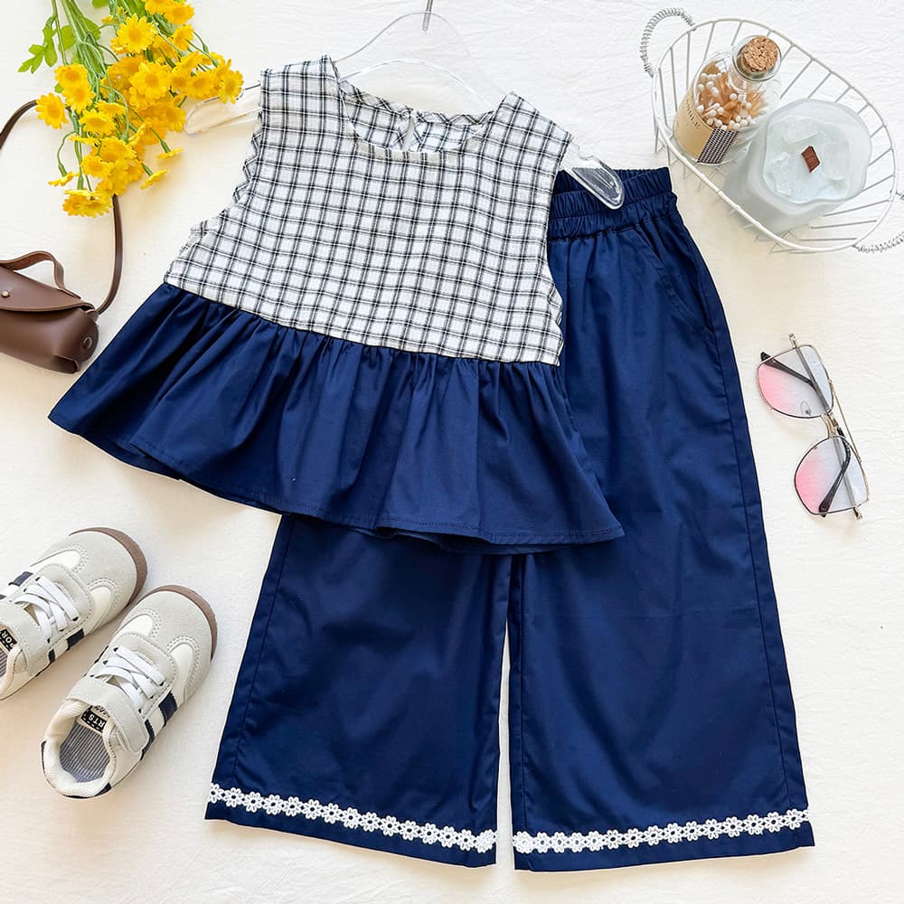 Girls Plaid Patchwork Babydoll Top Set Summer 2026 New Girls Baby Cotton Wide-Leg Pants Two-Piece Set Trendy