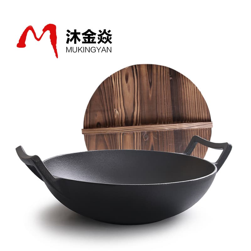 Cast Iron Wok with Double Handles, Thickened Stir-Fry Pan, Flat-Bottom Braising Pot, Traditional Deep Soup Pot, Raw Iron Pot, No Coating, for Induction Cooktop and Gas Stove
