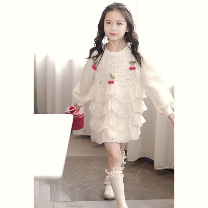 Children's Chic Dress 2025 Autumn New Arrival Girls Medium to Large Size Cherry Patchwork Sweet Princess Style Cotton Dress