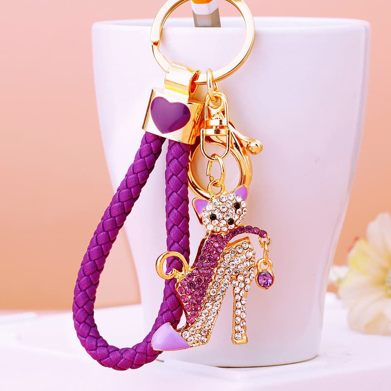 Crystal Rhinestone Cat High Heel Car Keychain Metal Cute Women's Bag Charm Key Ring Creative Cross-Border Gift