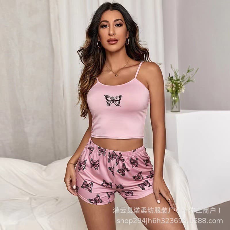 New European and American Cross-Border Women's Camisole Shorts Pajama Set with Butterfly Print Milk Silk Two-Piece Set