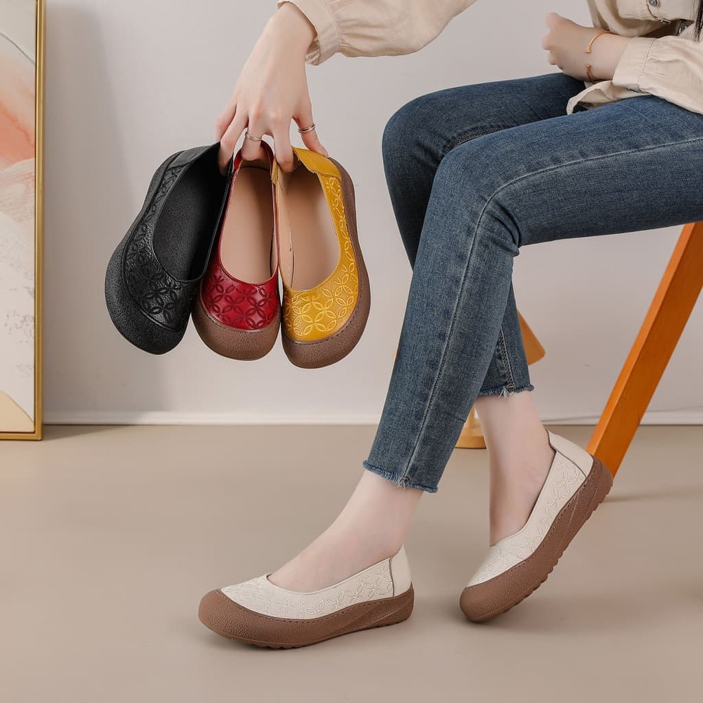 Soft Sole Women's Closed-Toe Sandals with Non-Slip Rubber Outsole, Perforated Leather Shoes in Black, Brown, and Off-White for Summer