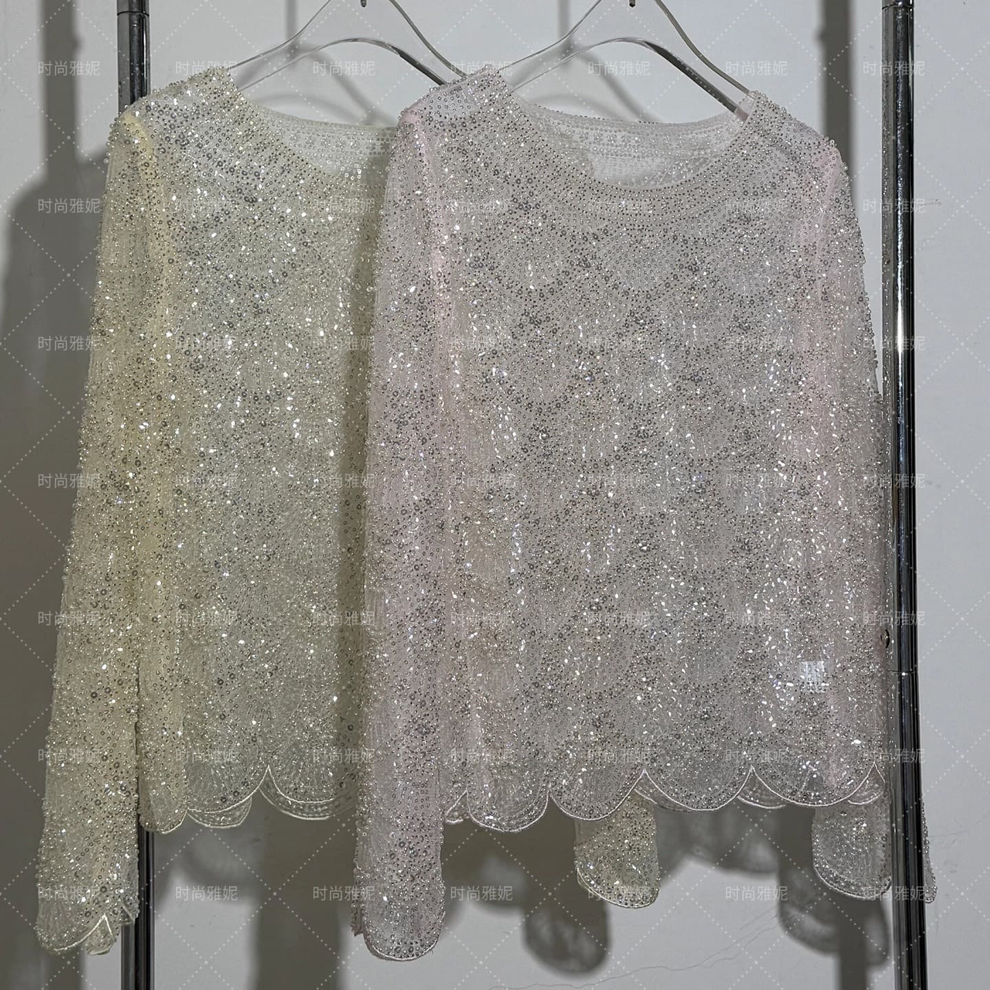 Fashionable Yani Heavy Sequin Lace Top for Women, Round Neck Long Sleeve Versatile Loose Fit Fish Scale Sleeve Rhinestone Pearl Blouse
