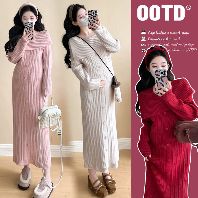 2025 Autumn/Winter Maternity New Style Gentle Lazy Style Design Sense Off-Shoulder Knit Sweater Dress