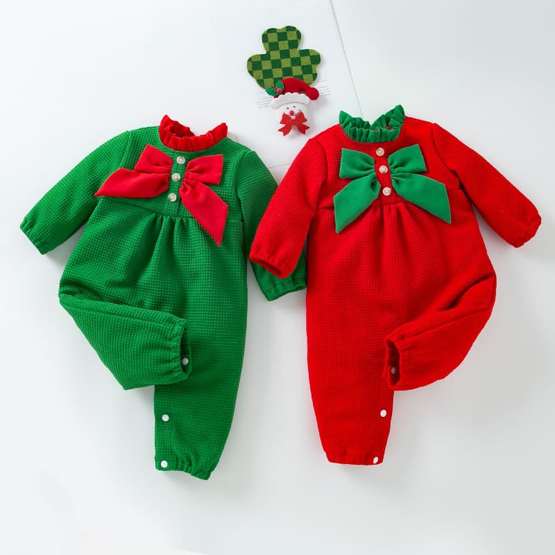 Cross-border children's clothing wholesale Christmas baby jumpsuit autumn and winter new style long-sleeved fashionable bow baby crawling suit trendy