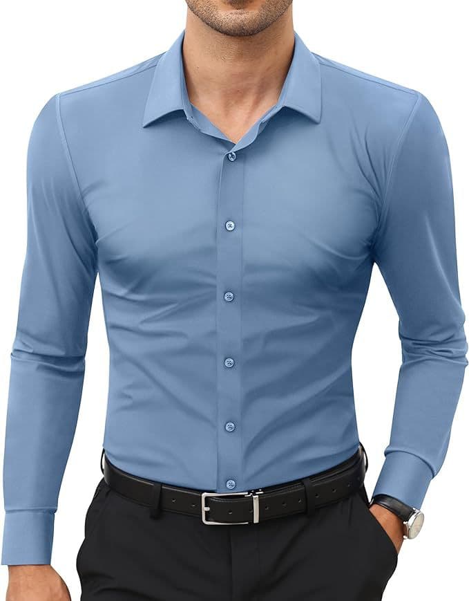 Cross-border Wrinkle-Free Four-Way Stretch Shirt Men's Business Casual Long Sleeve Solid Color EU Size Hot Selling
