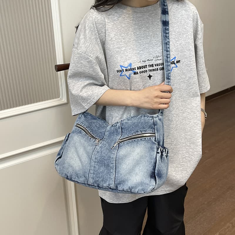 Cross-border 2026 new tote bag women's trendy denim multi-pocket large-capacity shoulder bag commuter portable crossbody bag