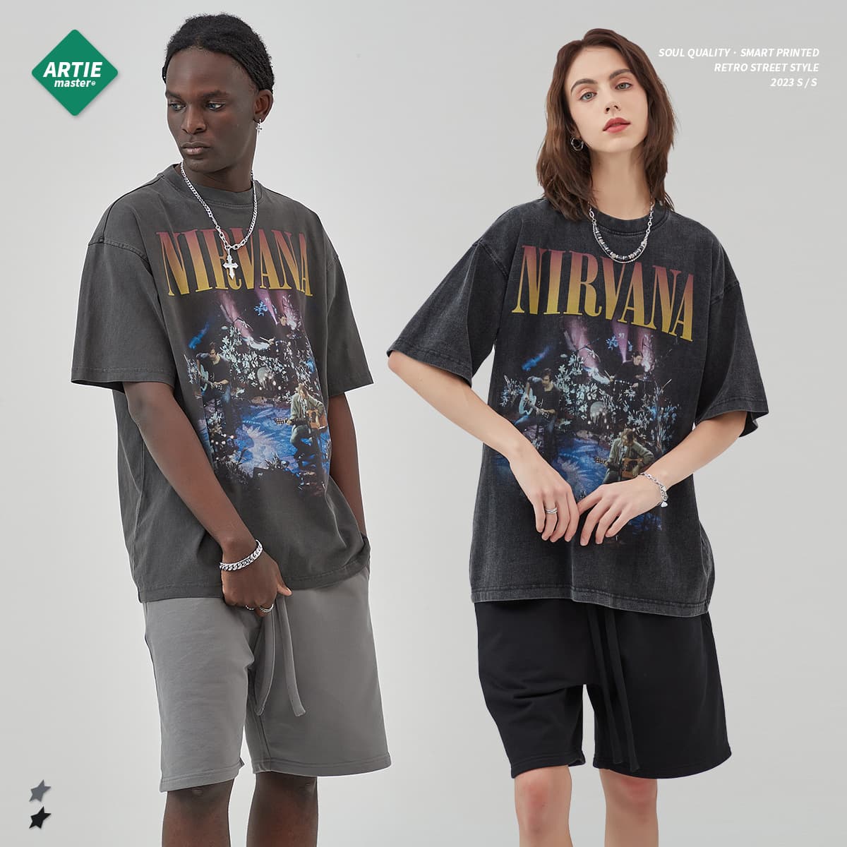 Artie Men's Clothing | New Spring/Summer Washed Retro Trendy Brand T-Shirt Nirvana Band Digital Direct Print Short Sleeve Men's