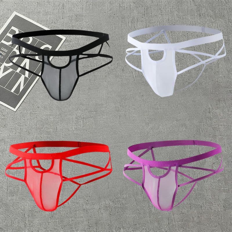 European and American Men's Sexy Underwear Sexy Faux Leather See-Through Mesh Transparent Men's Double Thong Export