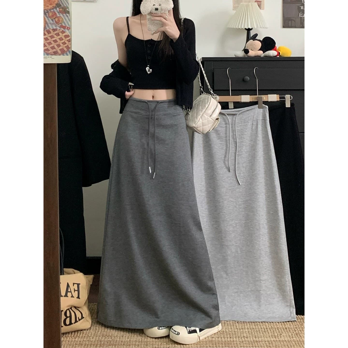 Korean Drawstring Slit Skirt Draped A-Line Skirt Women Spring Summer High Waist Versatile Straight Skirt Gray Long Skirt