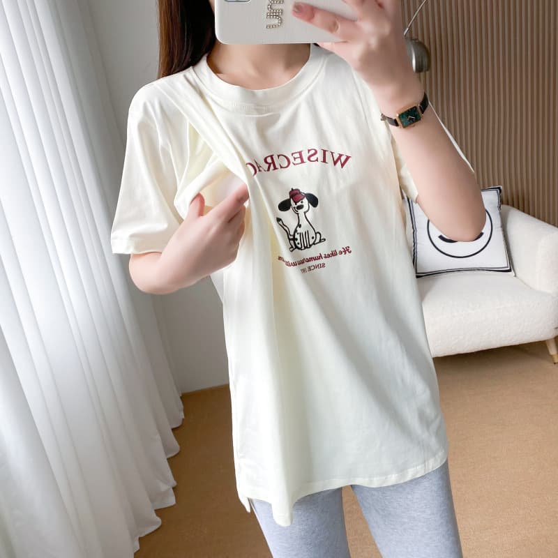 Out and about postpartum nursing clothes, summer cotton short-sleeved confinement clothes T-shirt, breastfeeding, fashionable pregnant women cartoon