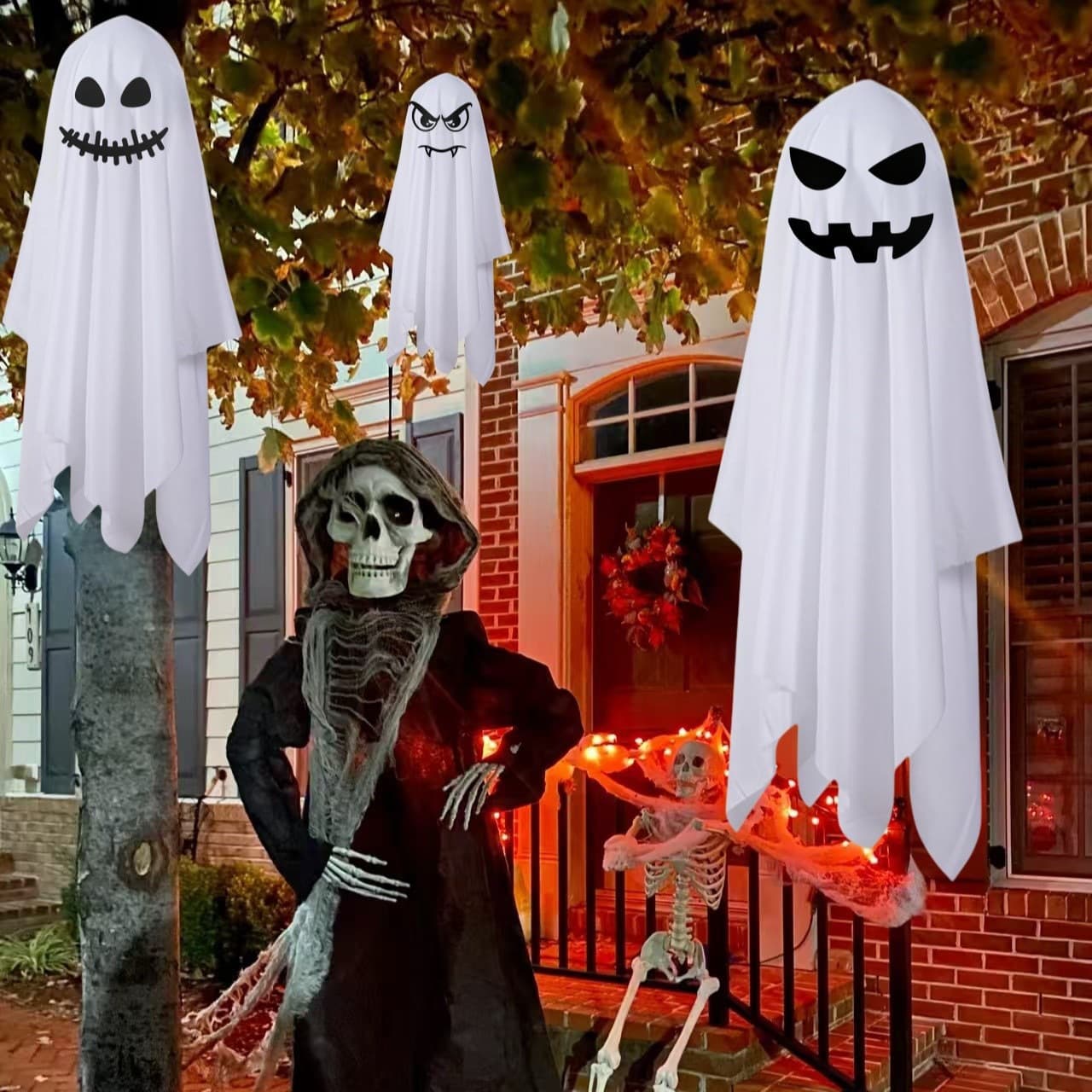 Horror Atmosphere Halloween Decoration Ghost Party Setup Props Yard Scary White Hanging Ghost Ornaments