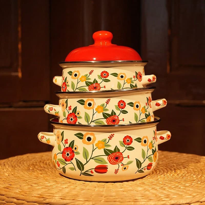 Enamel Double-Handled Soup Pot Old-Style Enamel Porcelain Pot with Lid Soup Noodle Bowl Heatable Enamel Flat-Bottom Pot