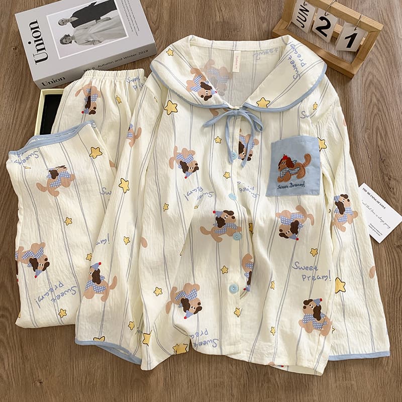 New Cloud Cotton Peter Pan Collar Long Sleeve Pajama Set for Girls, Spring and Autumn, Cute Cartoon Sweet Loungewear
