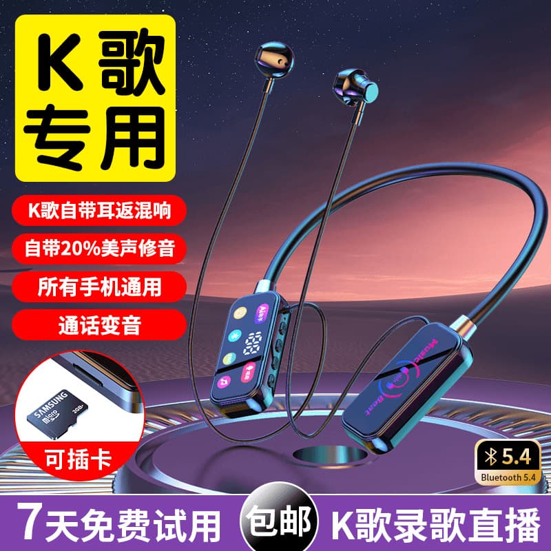 New Wireless Neckband Bluetooth Earphone with Voice Changer for Calls, KTV, Ear Monitoring, Reverb, Microphone, Noise Reduction, Wholesale