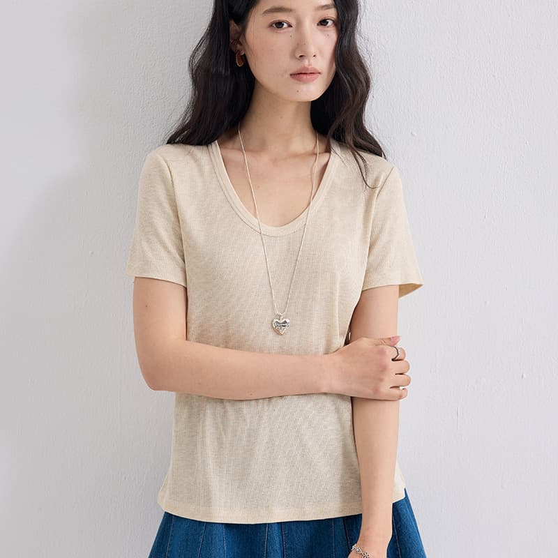 Finafu New Spring/Summer Silk Base Shirt for Women, Lyocell Short-Sleeve Linen Slimming T-Shirt, Basic Cooling Effect