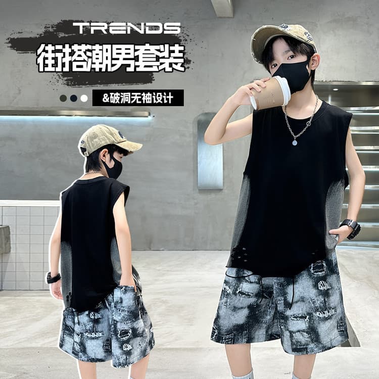 Summer Boys' Sleeveless Vest and Shorts Set, Kids' New Stylish T-Shirt and Shorts Two-Piece Casual Wear