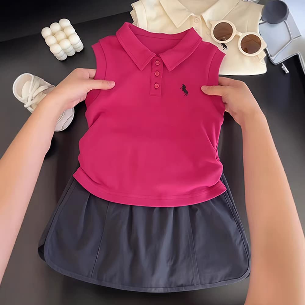 Girls' Outfit Set Summer 2026 New Children's Stylish POLO Collar Vest Summer Clothes Girls' Trendy Skirt Shorts Two-Piece Set