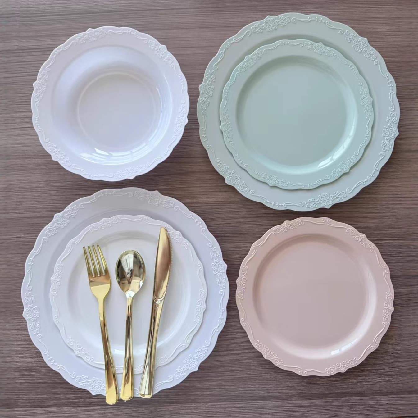 Disposable PS plastic plate dinner plate embossed color Plastic Plates round plate European imitation porcelain tableware set