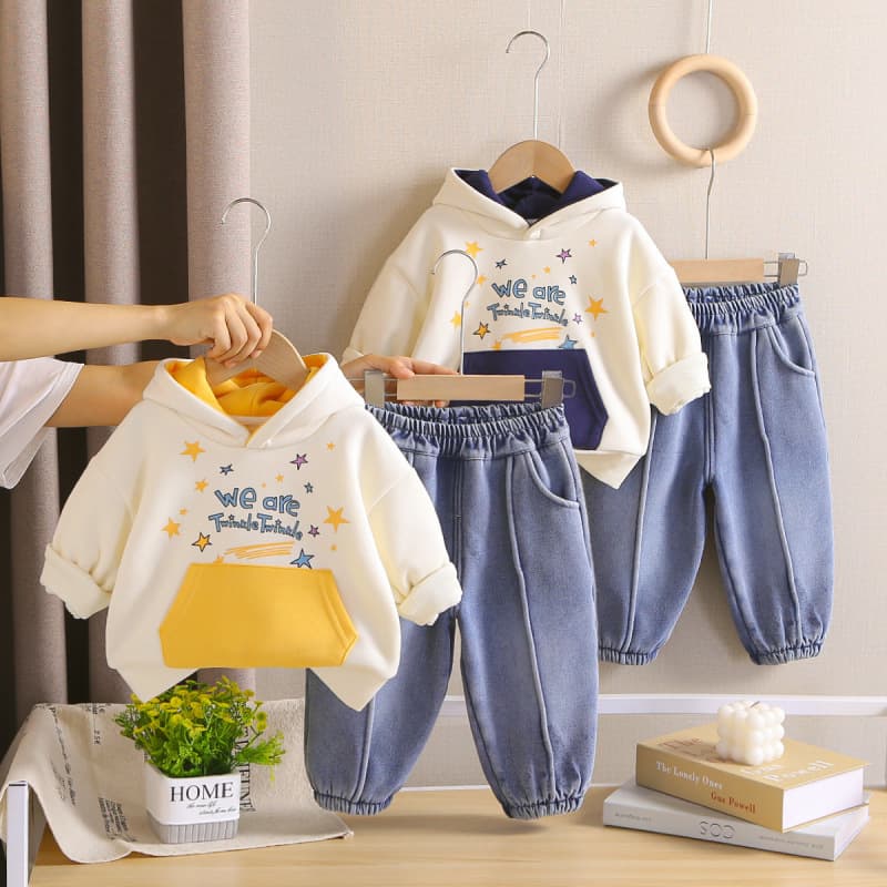 2026 New Boys' Fall/Winter Outfit Set, Fleece-Lined Hooded Sweatshirt Two-Piece Set, Baby Kids' Clothing Wholesale