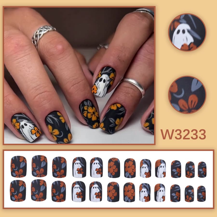 Black background orange flower ghost Halloween wear manicure short square retro floral imp hand-painted holiday manicure available for wholesale