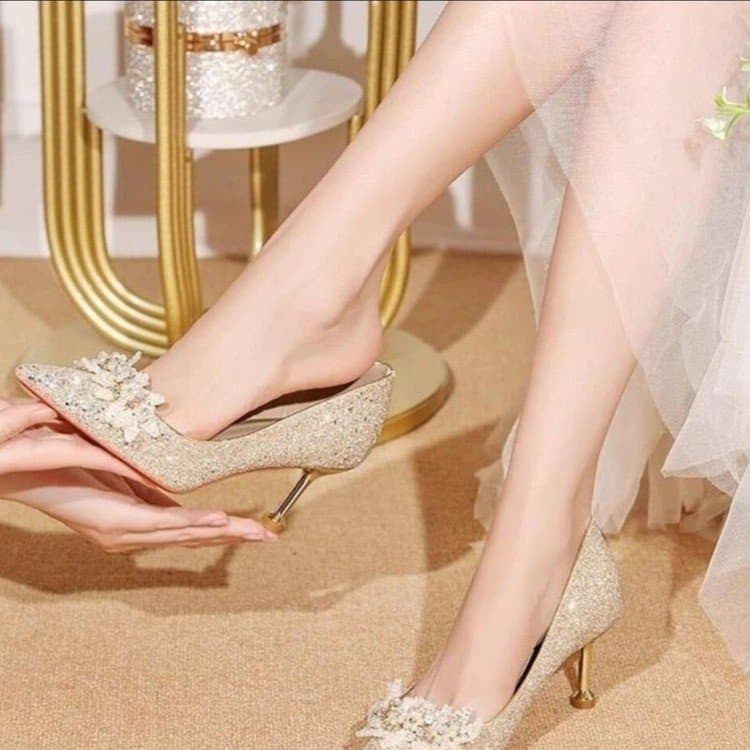 French High Heel Wedding Shoes for Women Crystal Bride Shoes Thin Heel Premium Comfortable Non-Tiring Wedding Dress and Qipao Dual-Purpose Bridesmaid Shoes