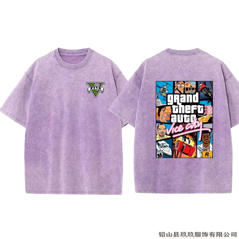 230g T-shirt GTA print retro washed distressed T-shirt American Grand Theft Auto short-sleeved trendy brand loose street trend