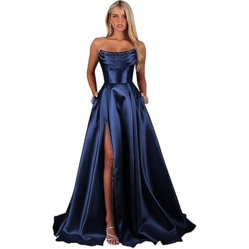 Cross-border Amazon Satin Strapless Evening Dress with Slit, Slim Fit, Elegant Party Gown, High-end Fashion Long Dress