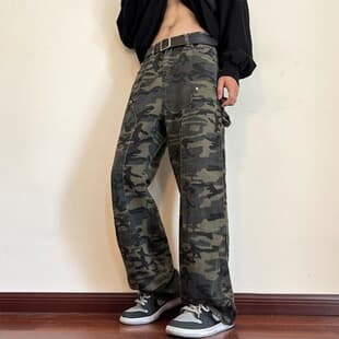 Camo Cargo Jeans for Men Autumn American Streetwear Niche Straight Pants High-Street Ins Loose Wide-Leg Long Pants