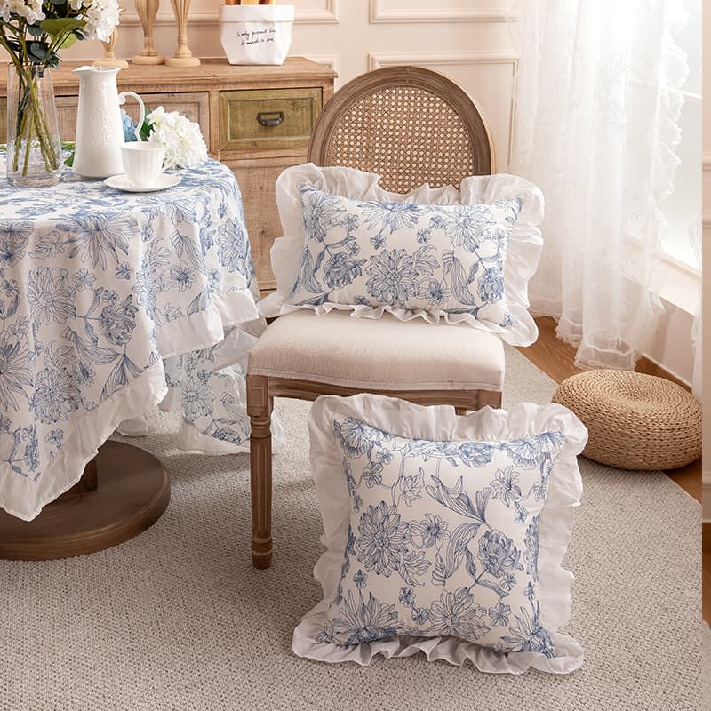 French Romantic Countryside Ruffle Trim Embroidered Cotton Throw Pillow Cover for Sofa Bed Headboard
